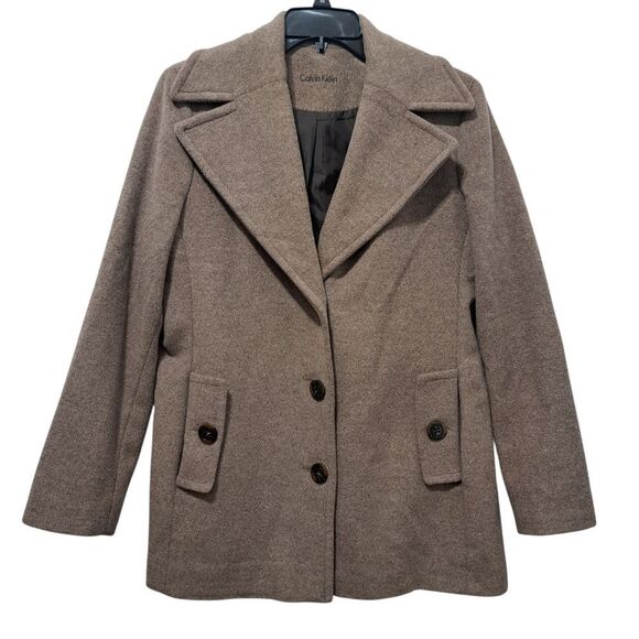 Calvin Klien Wool Silk Blend Preppy Minimalist Coat Size Tag Missing Large Tan - Picture 3 of 17
